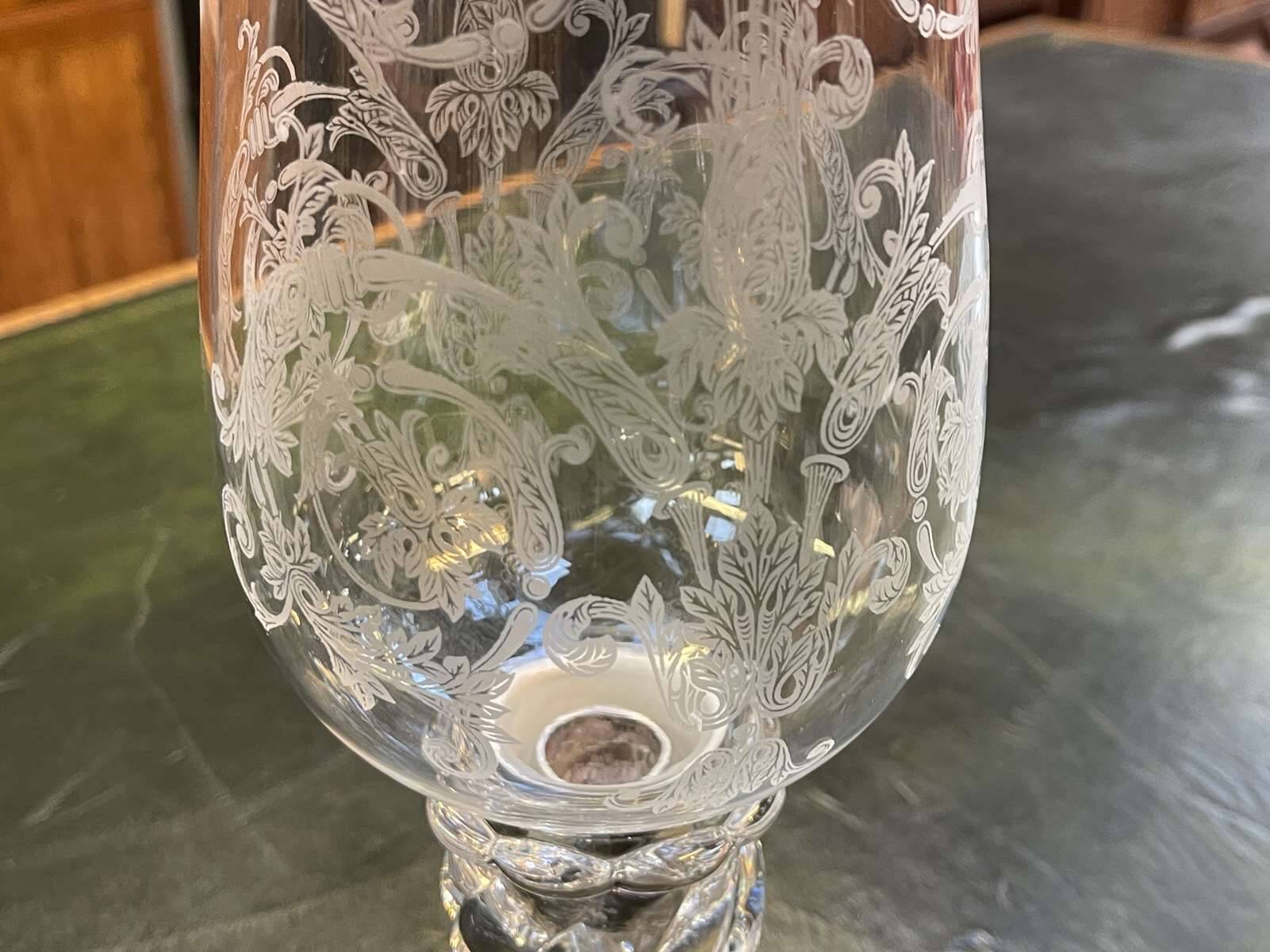 Baccarat crystal lantern with engraved foliage decoration.