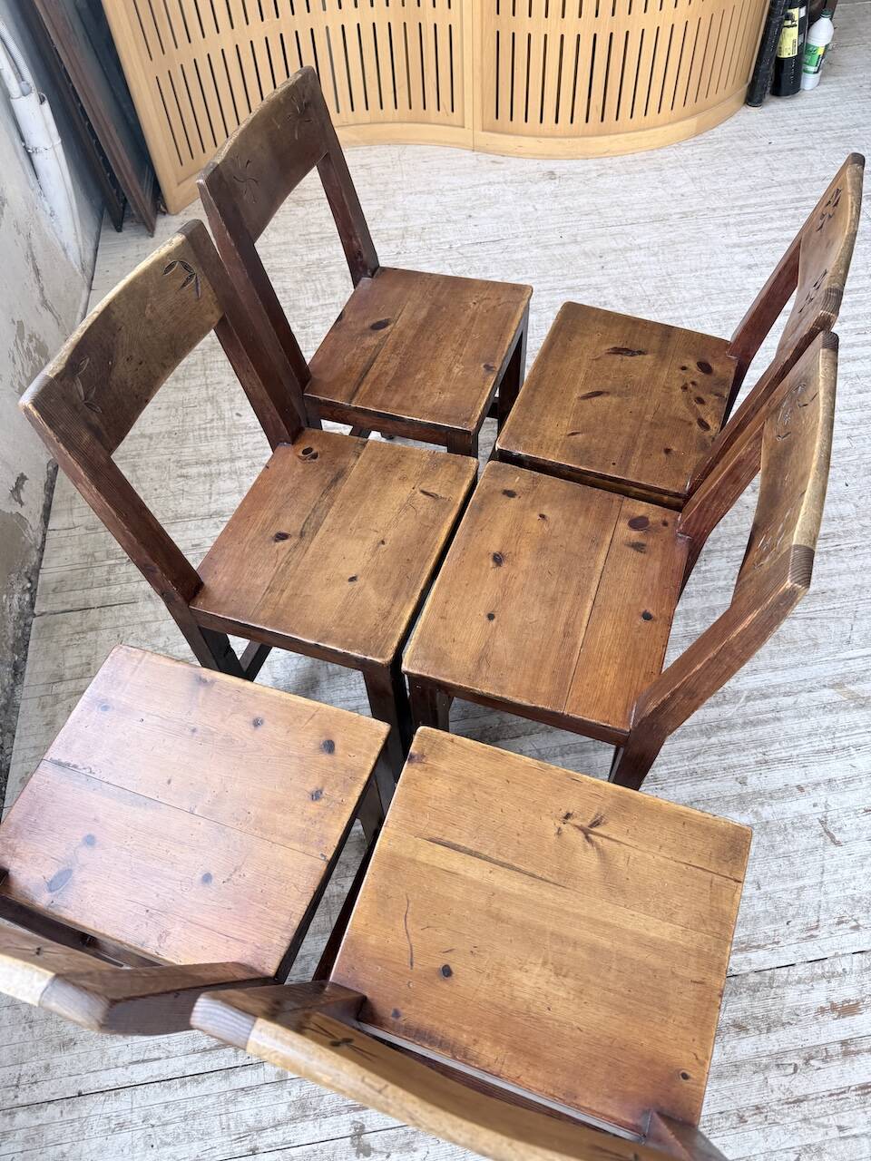Set of 4 Savoyard pine folk art chairs from the 1950s.