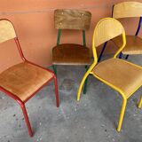 set of 4 mismatched school chairs multi-colored industrial vintage school