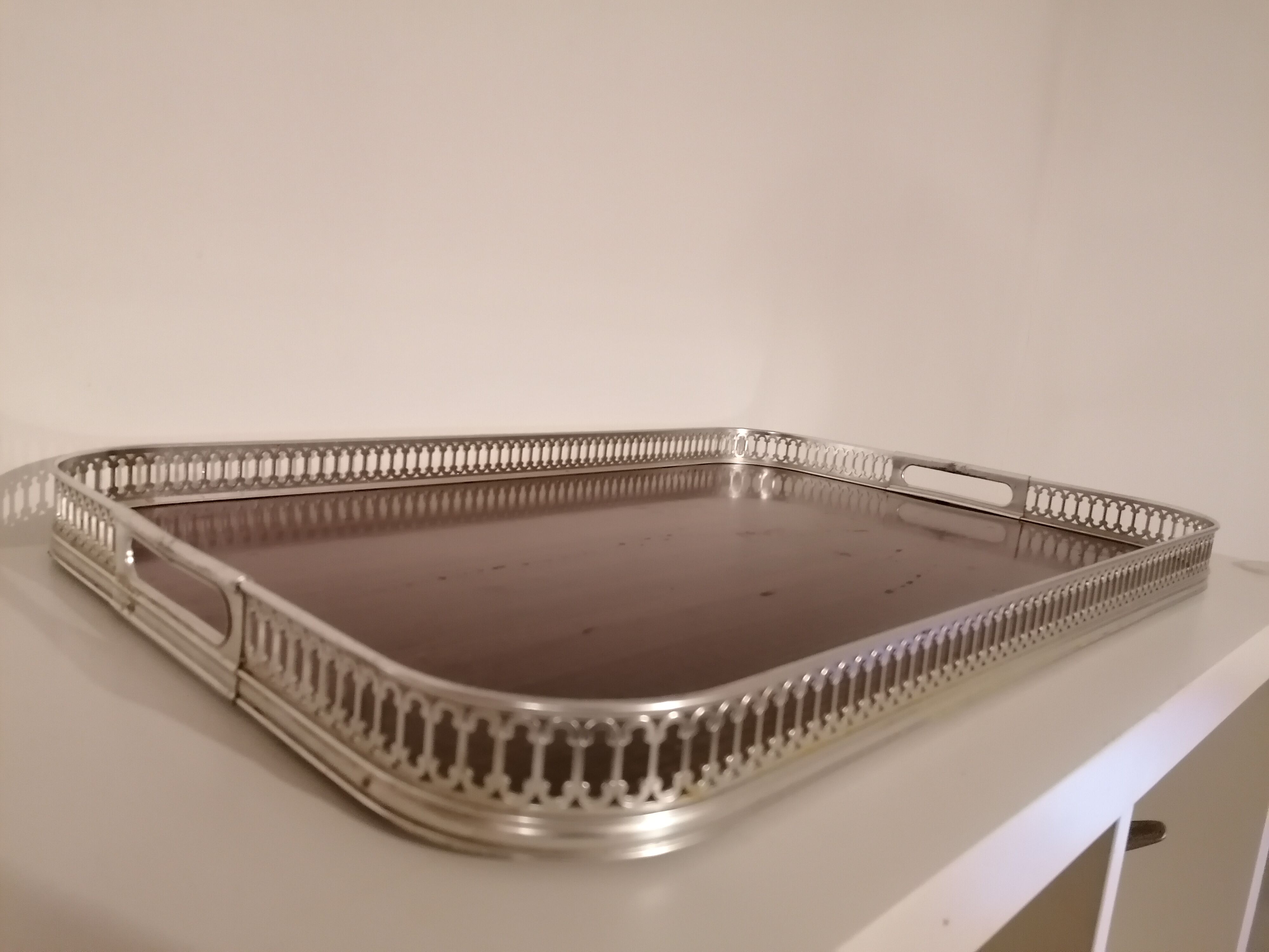 Silver metal tray décor faux wood formica vintage 60 70 made in Italy