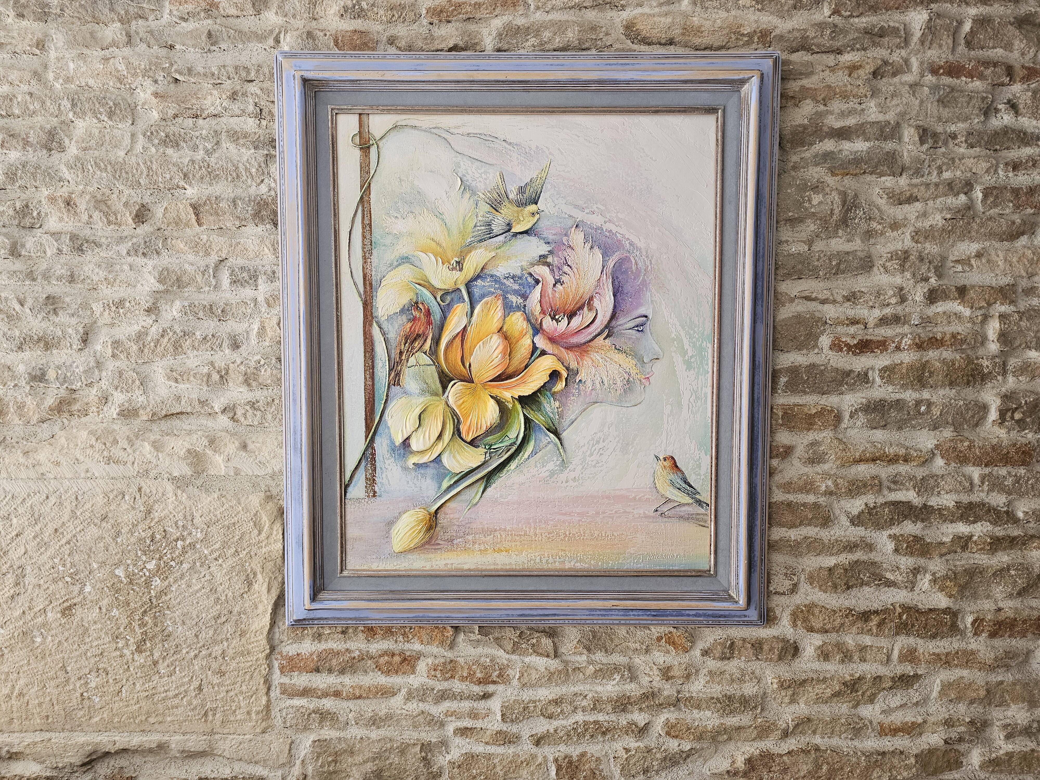 Tableau Huile sur Toile Onirique Profil féminin, fleurs, Oiseaux Michallon