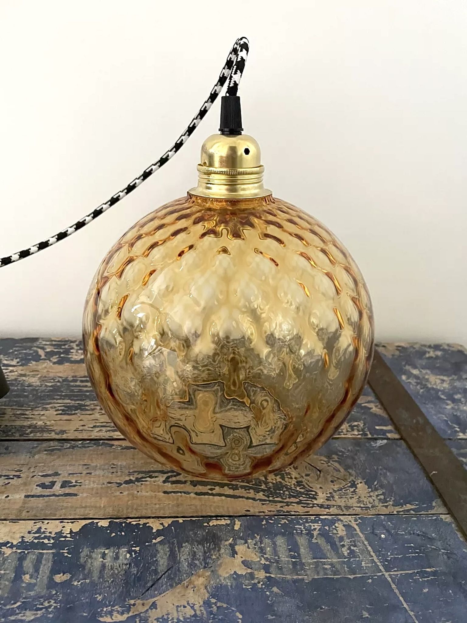 Set of two vintage amber glass pendant lamps electrified to nine