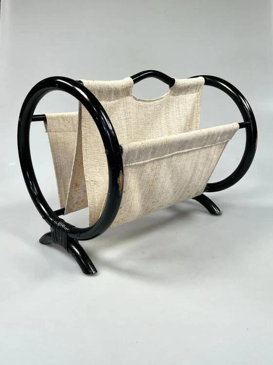 Vintage Round Magazine Rack / Reading Basket, Black Rattan, 1970's
