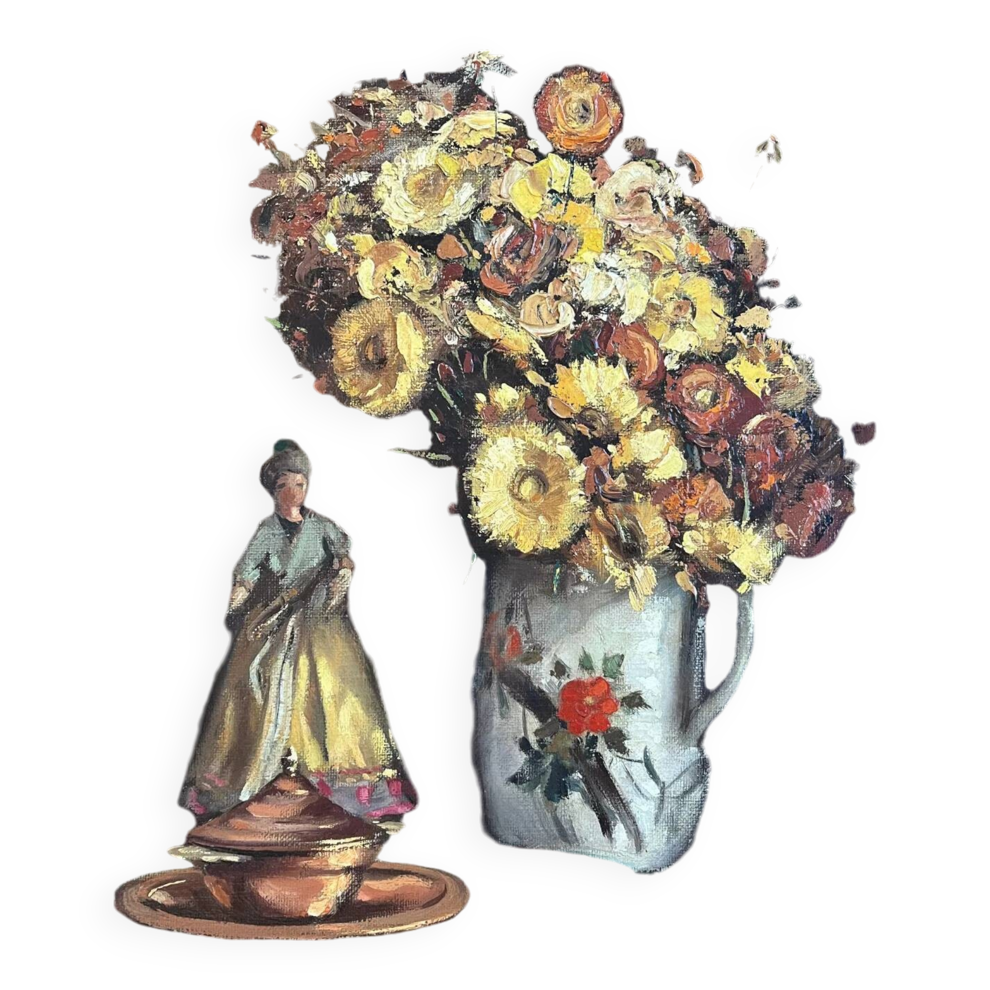 HST painting "Still life with flowers and doll" Guy VAN ISEGHEM (1905-?)