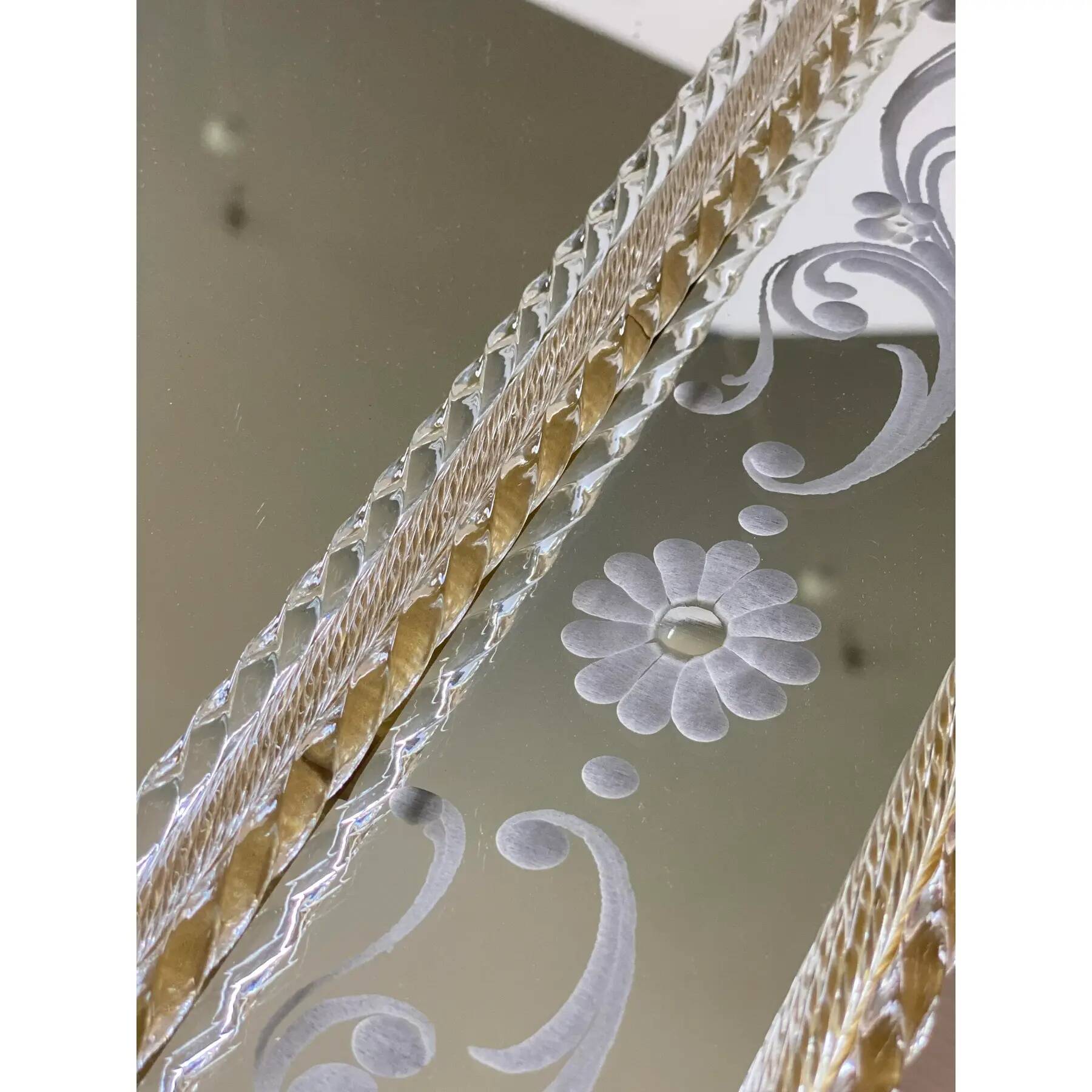 Rectangular Venetian Murano Glass Mirror with Green Floral Hand-Carving