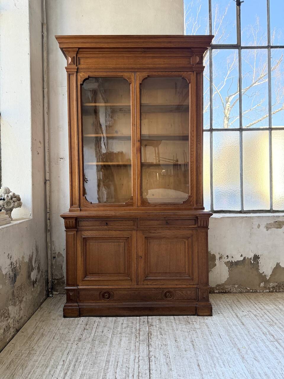 Antique XL Napoleonic oak glass bookcase, 19th century