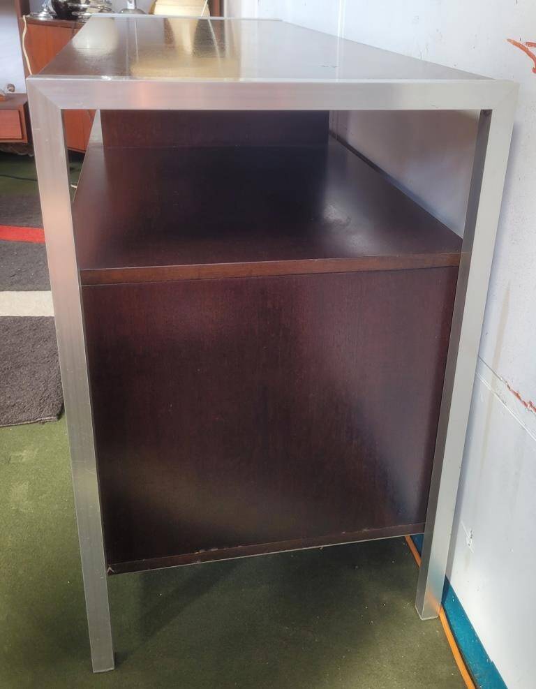 Hi-Fi cabinet in wood, brushed aluminum, smoked glass - 1970s