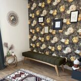 Wooden bench and green fabric