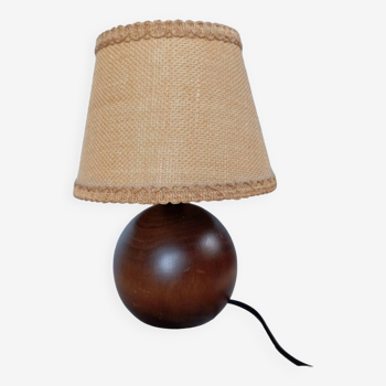 Dark ball wood table lamp, jute lampshade, 1970