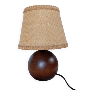 Dark ball wood table lamp, jute lampshade, 1970