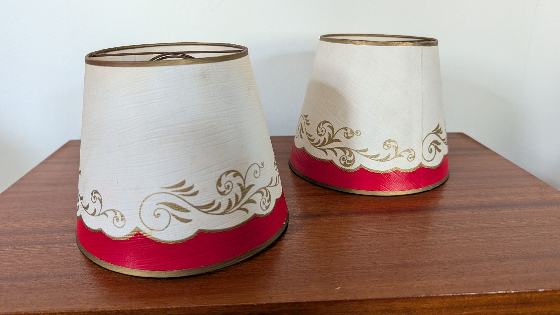 Pair of red and gold parchment lampshades