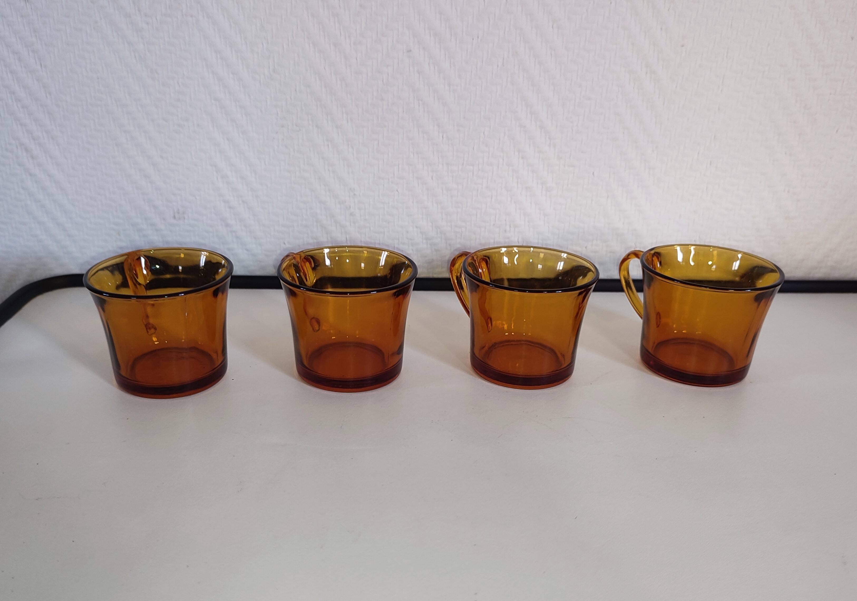 4 vintage Duralex amber glass coffee cups