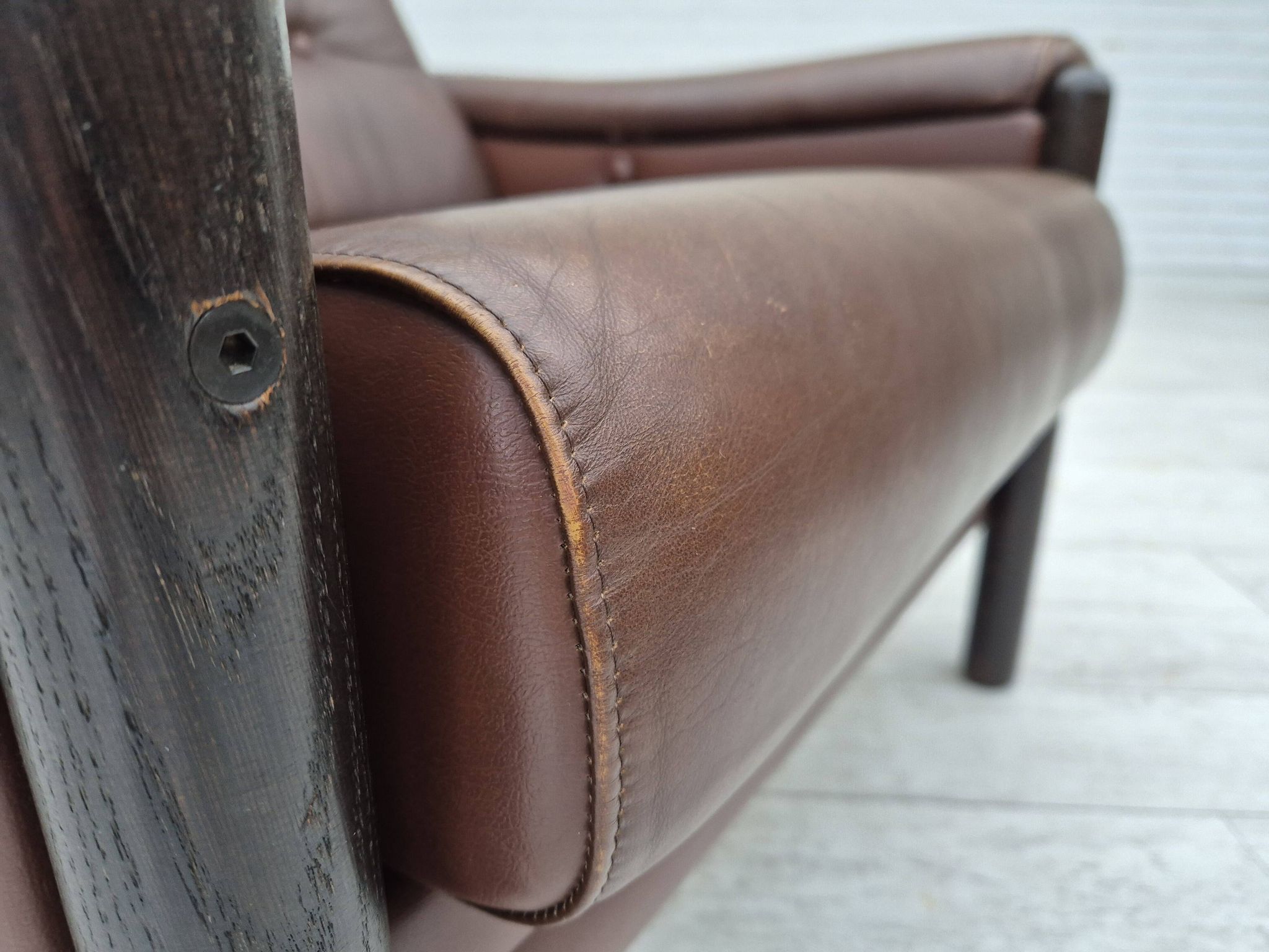 1970s, Danish armchair, original condition, furniture leather, dark oak wood.