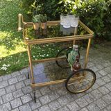 Serving wheels in gold metal & glass vintage 1960