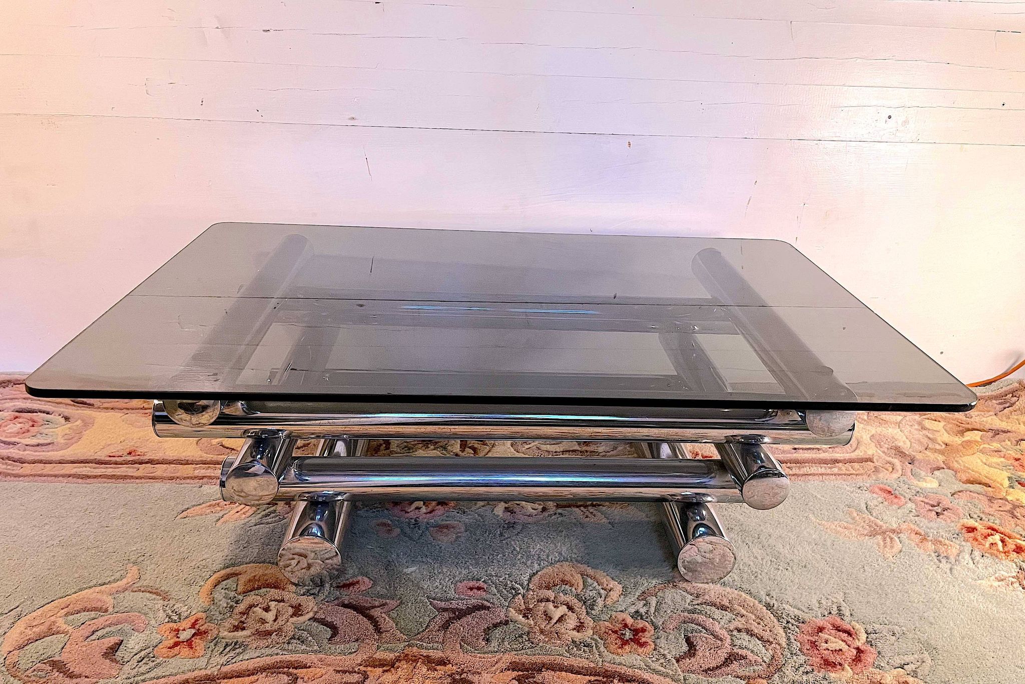 Chromed metal and smoked glass coffee table, dlg Willy Rizzo, mid-20th century