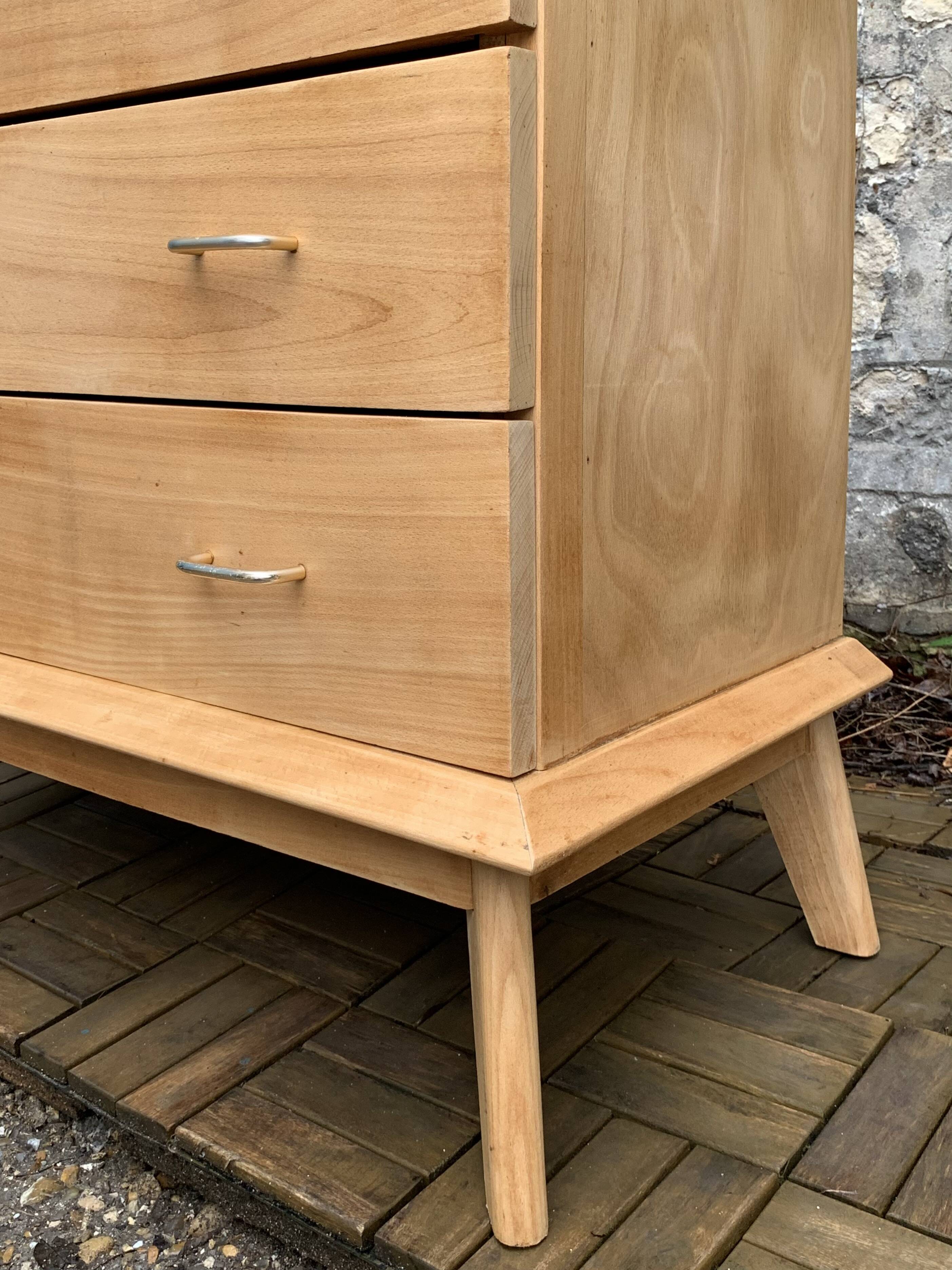 Vintage chest of drawers with compass feet, solid raw beech, 1960s