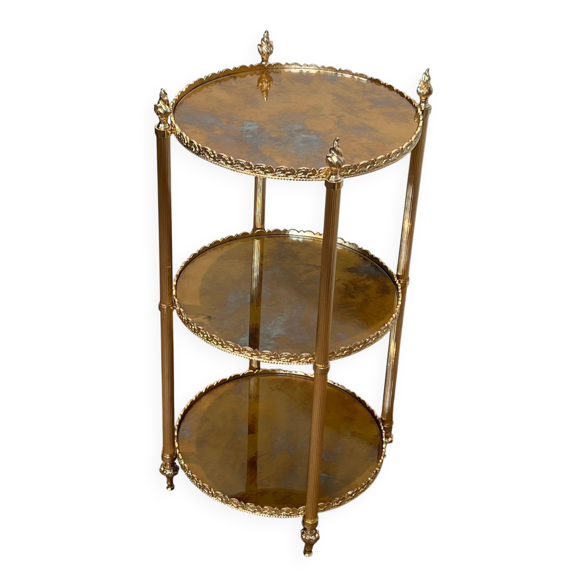 Round silver-plated brass table with triple eglomisé mirror tops from Maison Jansen.