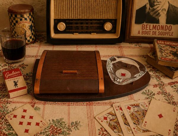 Porte-cigarettes, distributeur et cendrier en bois et métal cuivré poker, 1960