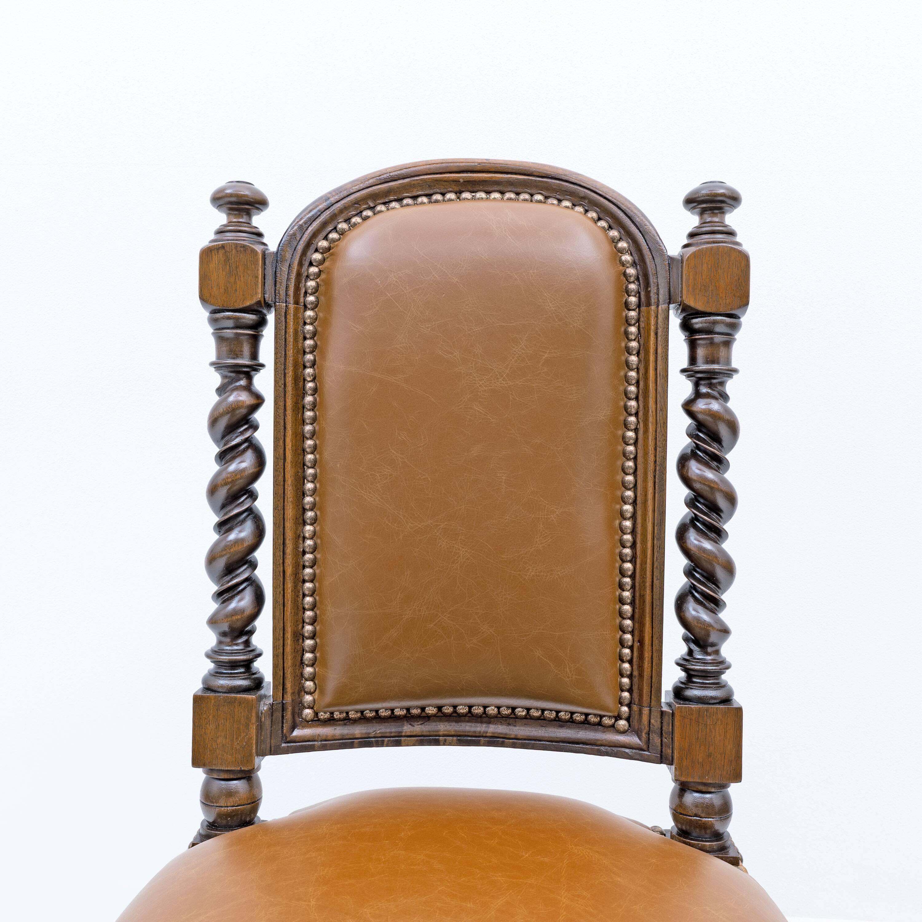 Six Antique Italian Neo-Renaissance Walnut Dining Chairs in Genuine Leather