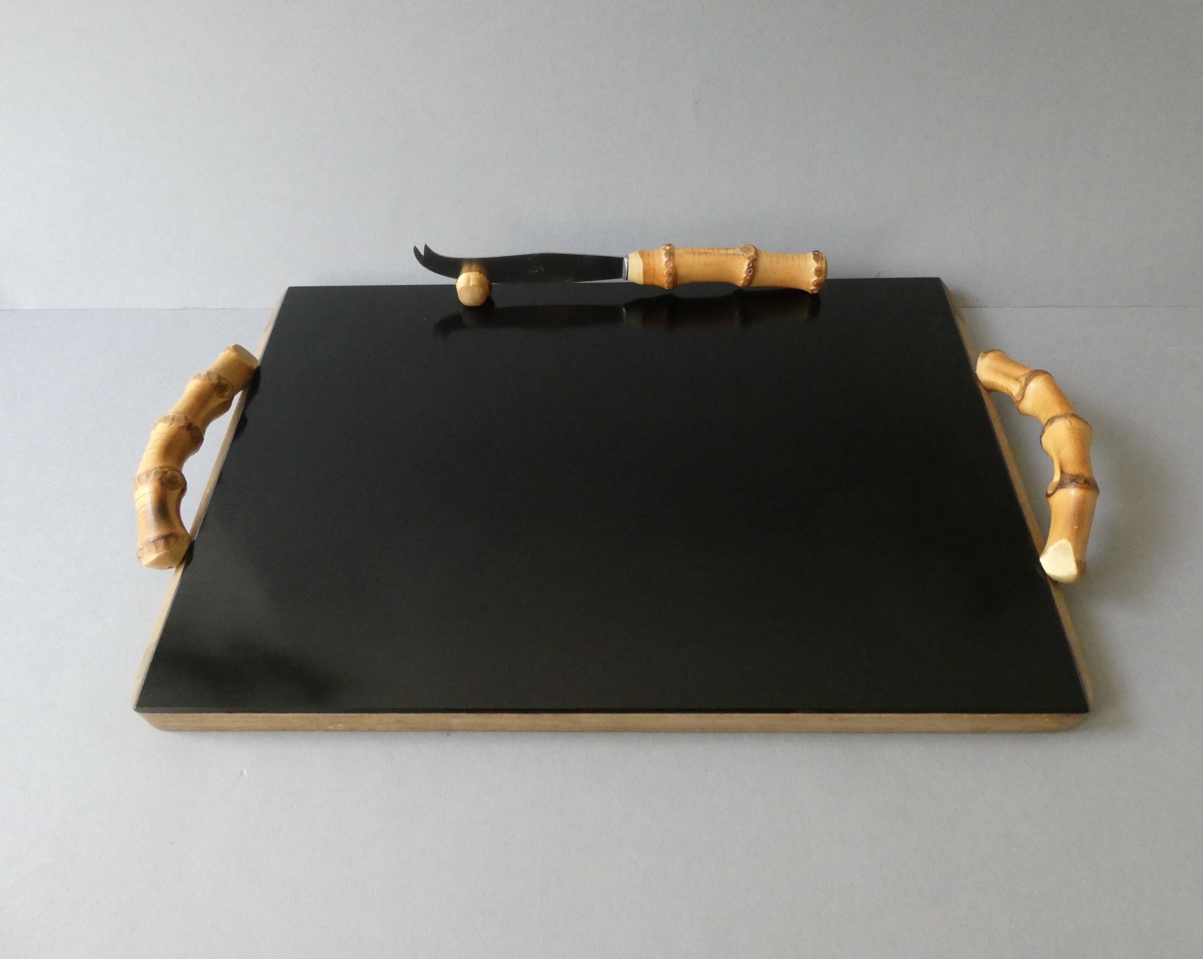 Wooden cheese board, bamboo handles, signed