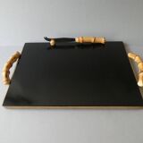 Wooden cheese board, bamboo handles, signed