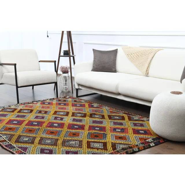 1970s Vintage Turkish Hand-Knotted Wool Cotton Yellow Area Rug 175x234