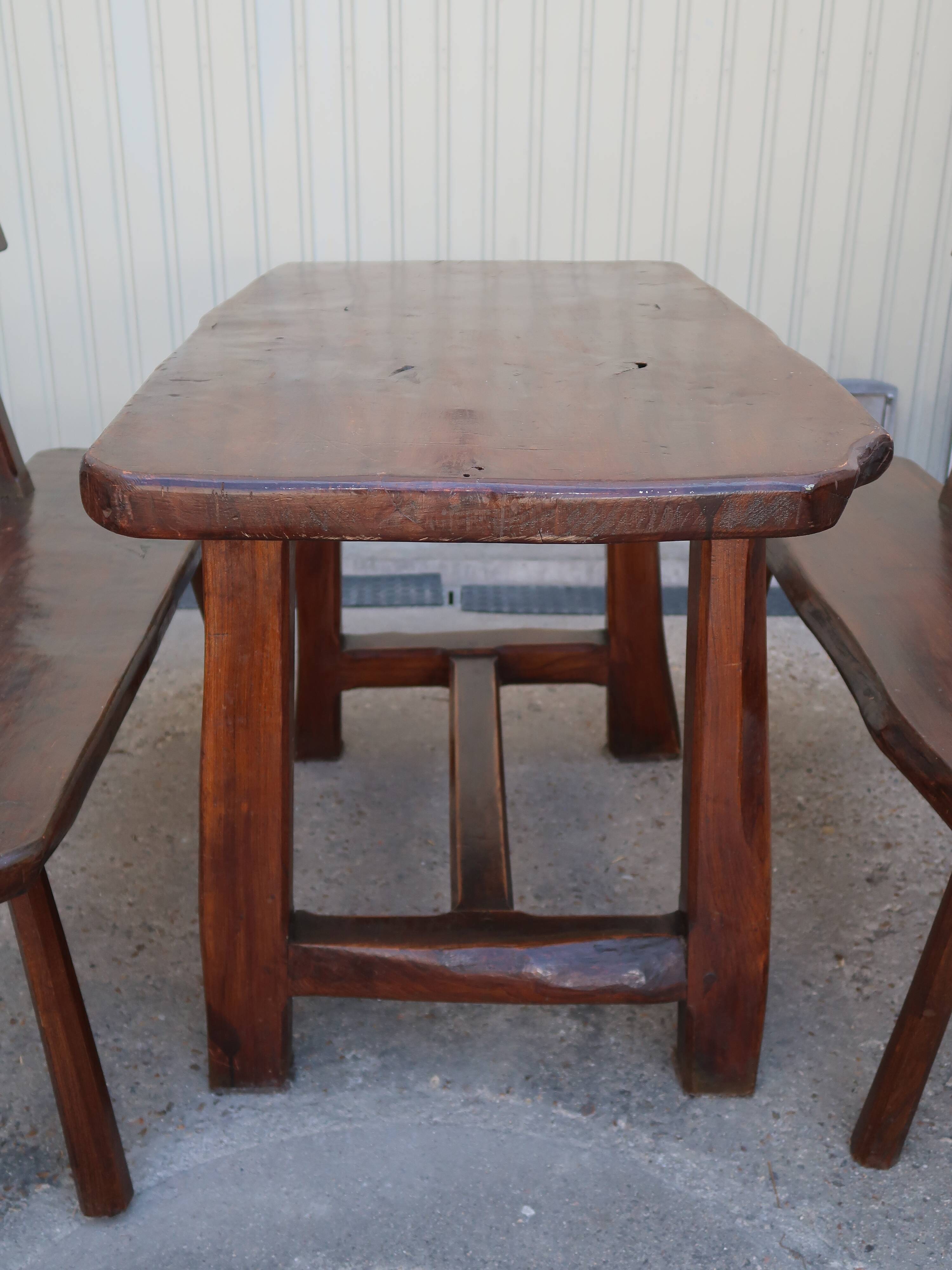 Dining table + 2 brutalist benches in vintage 1950s elm.