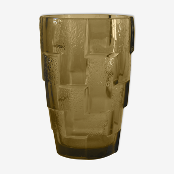 Vase amber glass geometric patterns 70s