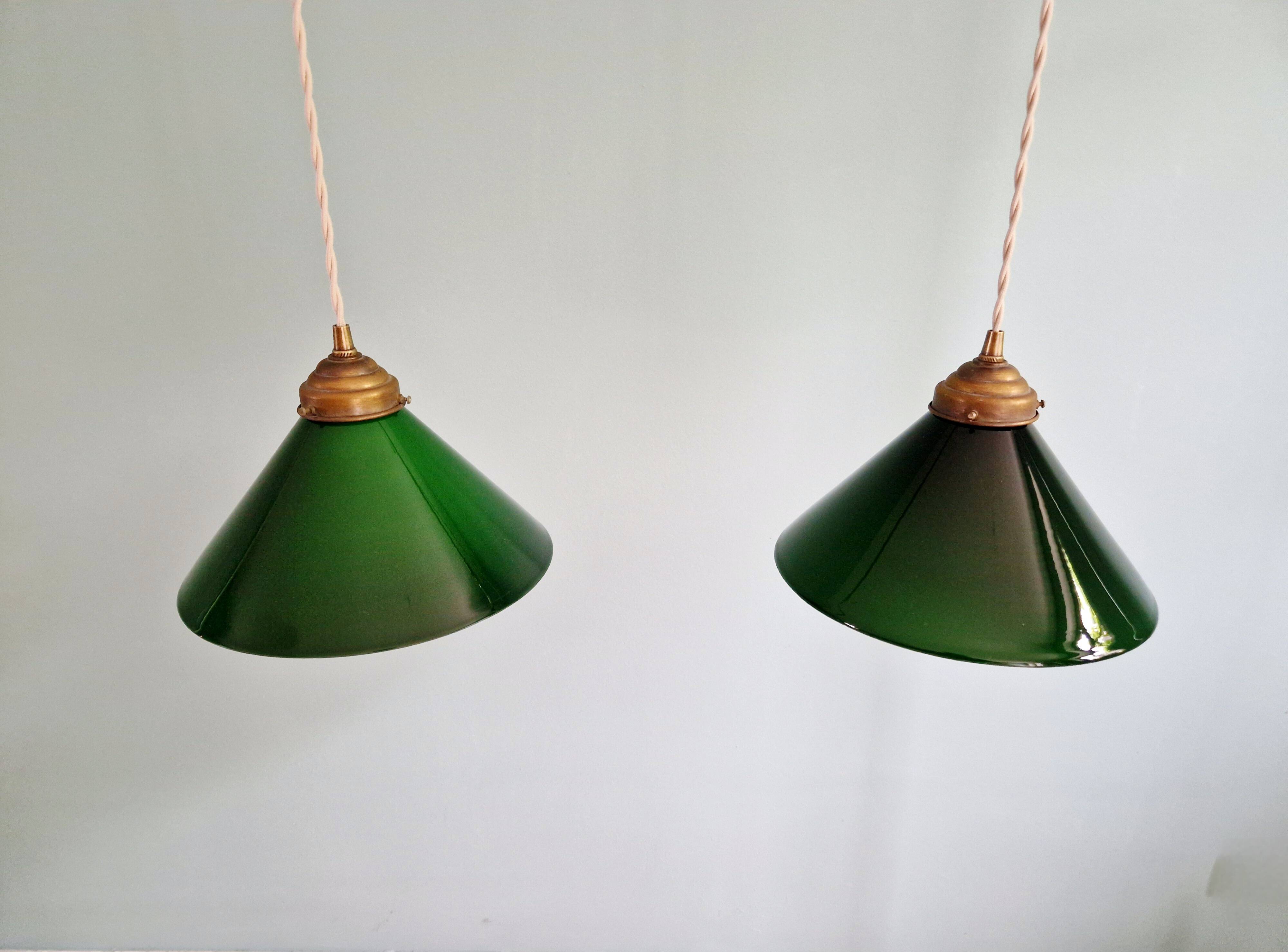 Pair of conical green opaline pendant lights, Art Deco style