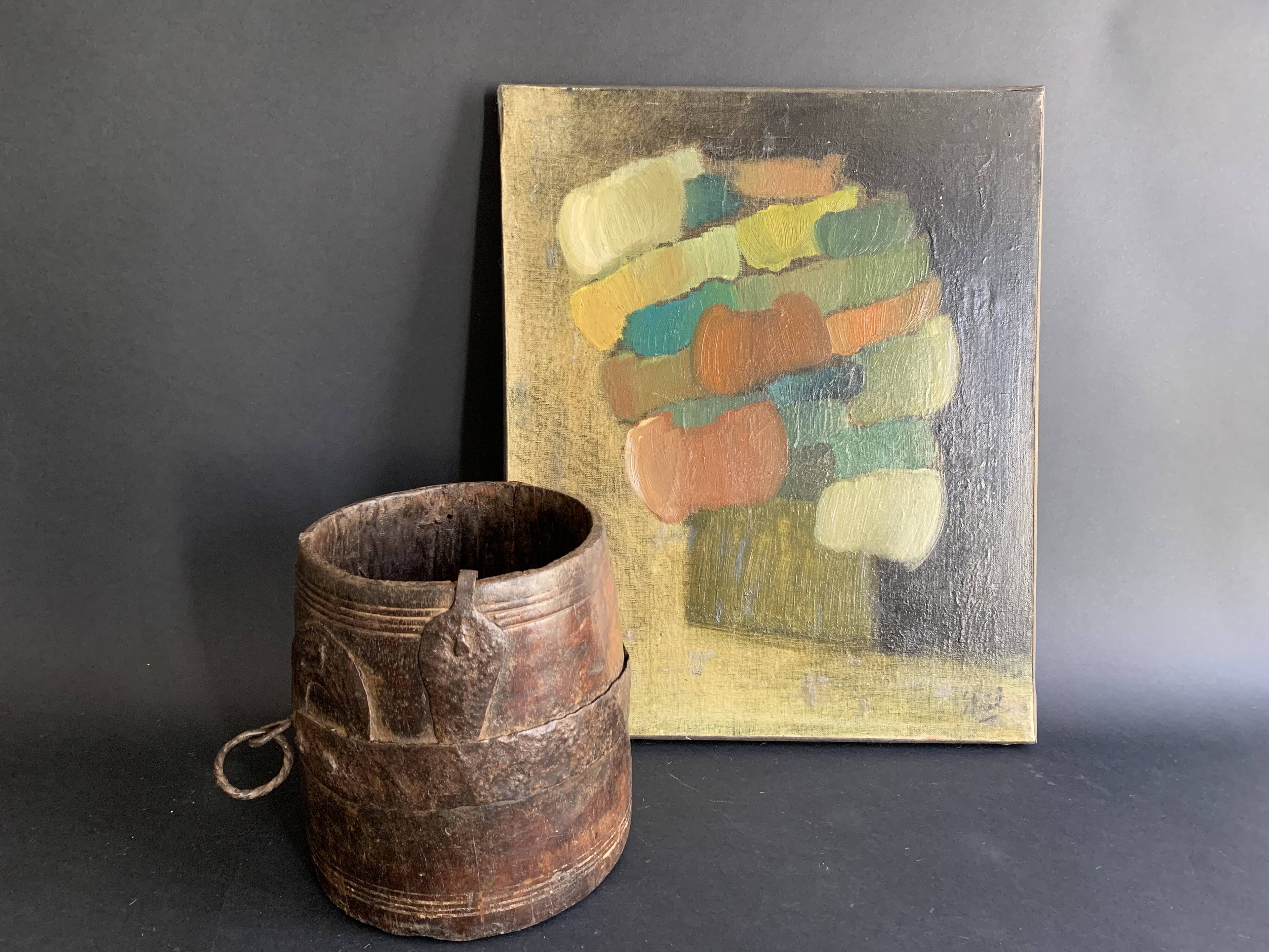 Large measuring pot in wood and old iron, 19th century folk art