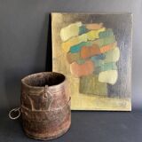 Large measuring pot in wood and old iron, 19th century folk art