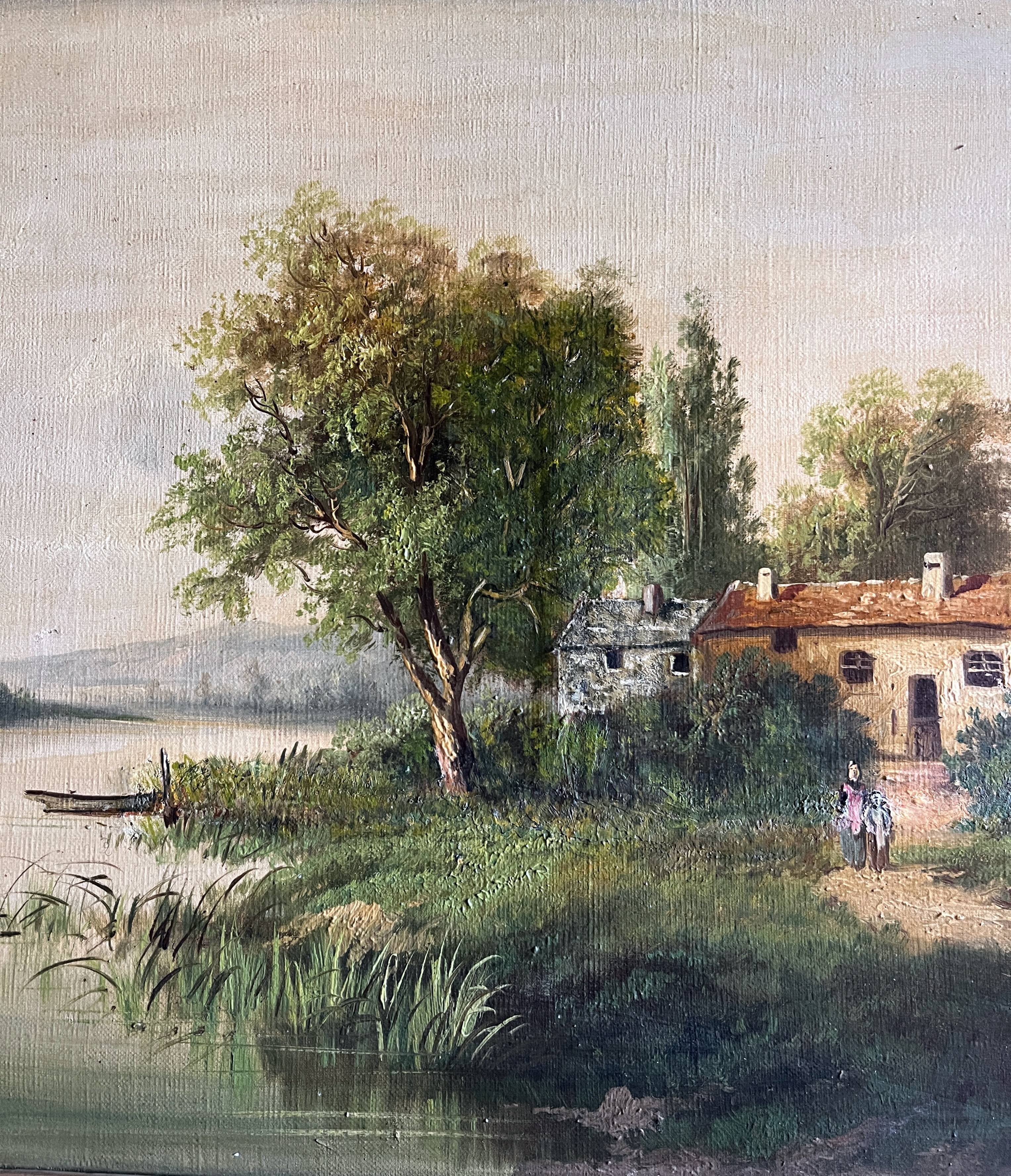 Painting, oil on framed canvas "Animated lake landscape" signed Michel, 19th century.