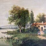 Painting, oil on framed canvas "Animated lake landscape" signed Michel, 19th century.