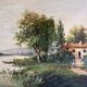 Tableau, huile sur toile encadrée "Paysage lacustre animé" signé Michel, XIXème s.