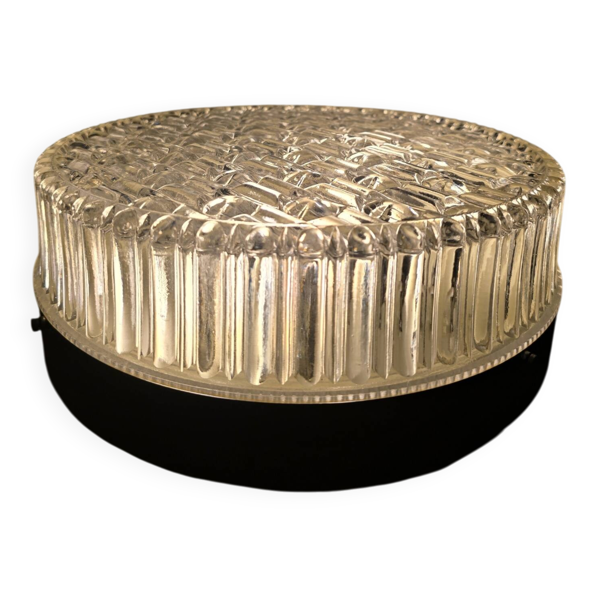 Antique ceiling light, large holophane glass style, fully restored.