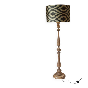 Floor lamp in solid turned ash, black and khaki Ikat lampshade