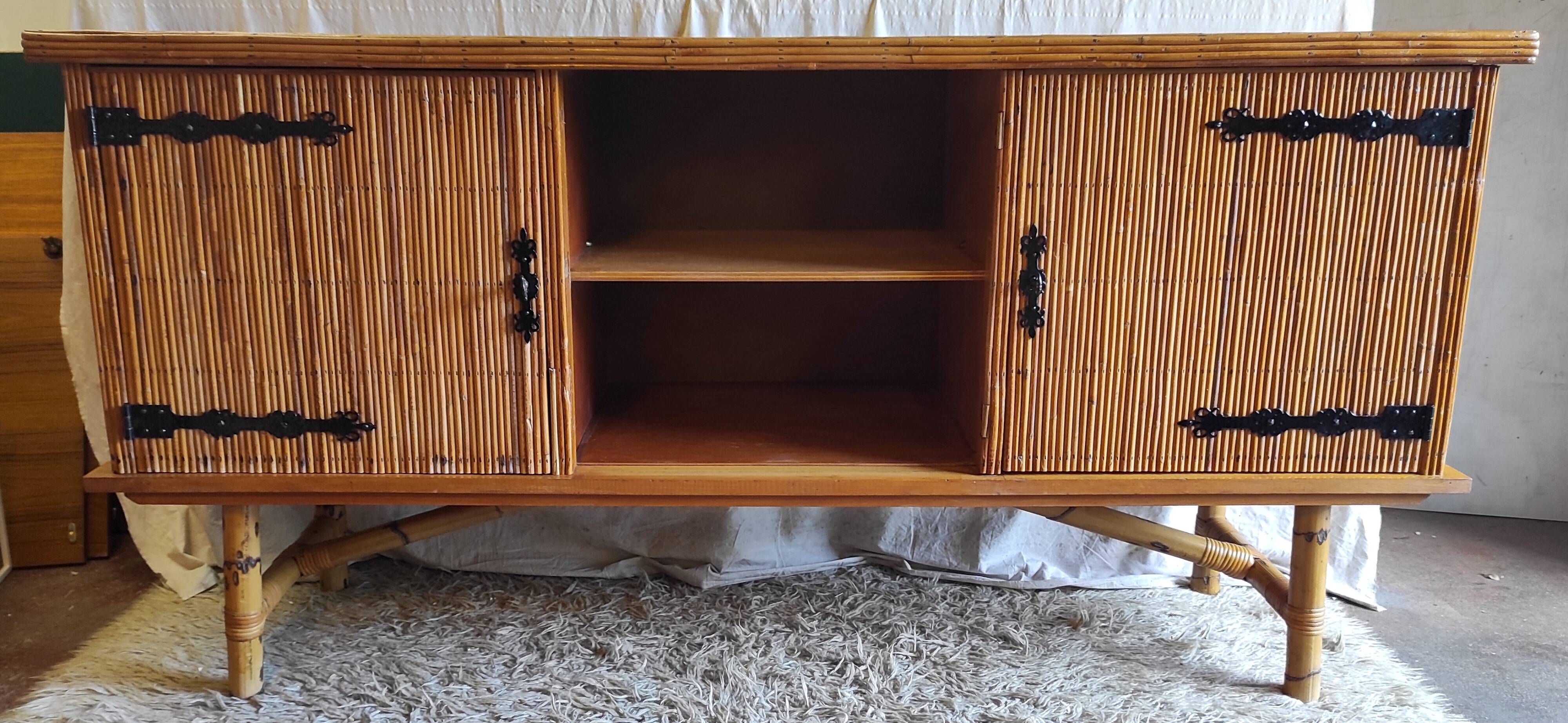 Rattan and bamboo sideboard in the style of "Le doux Minet" - 1960s/70s