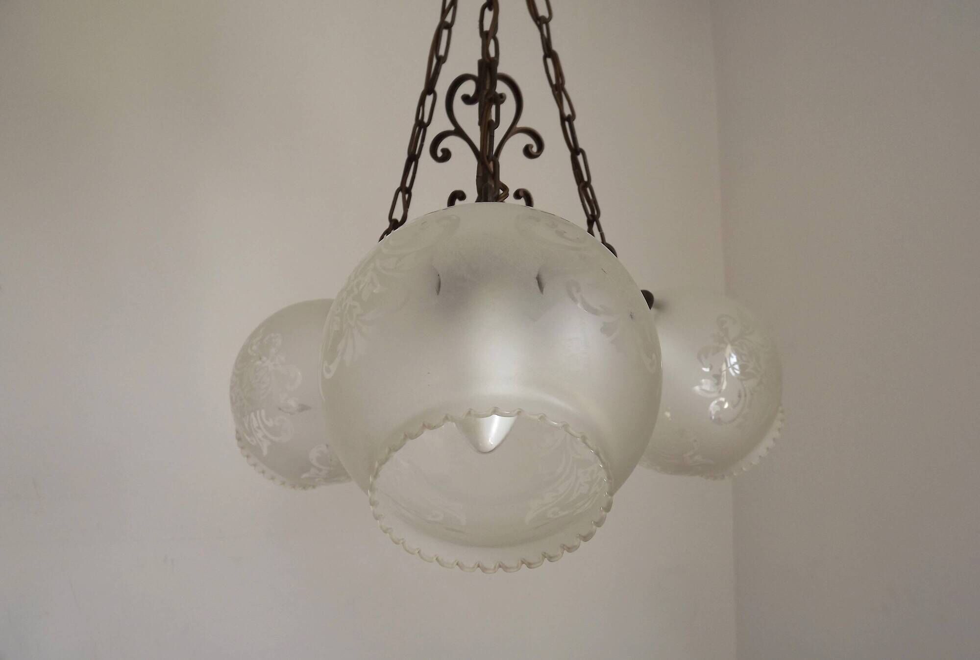 French Vintage 3 Light Bronze Effect Chandelier - Opaque Glass Ball Shades