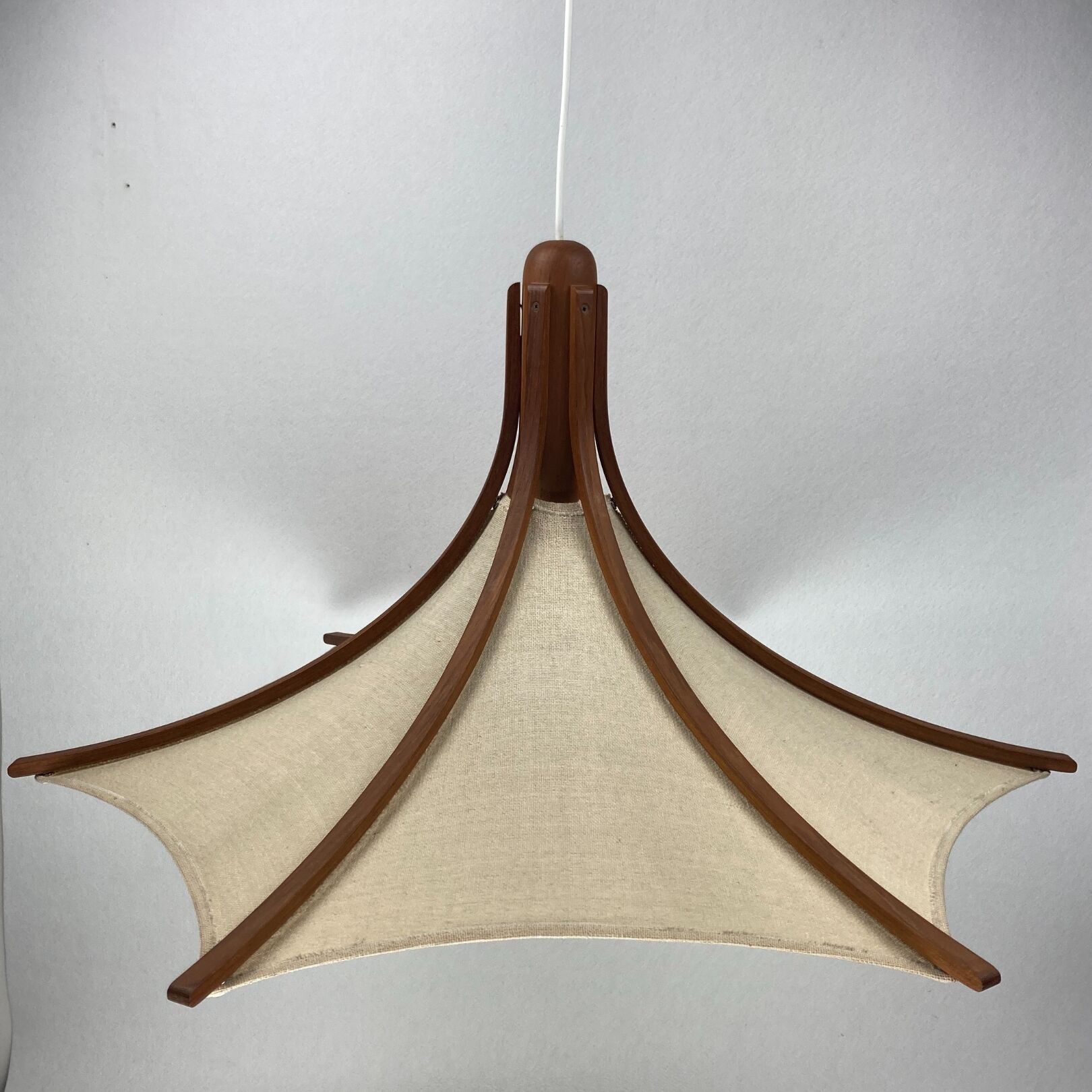 Teak and linen umbrella pendant by Domus, 1970s
