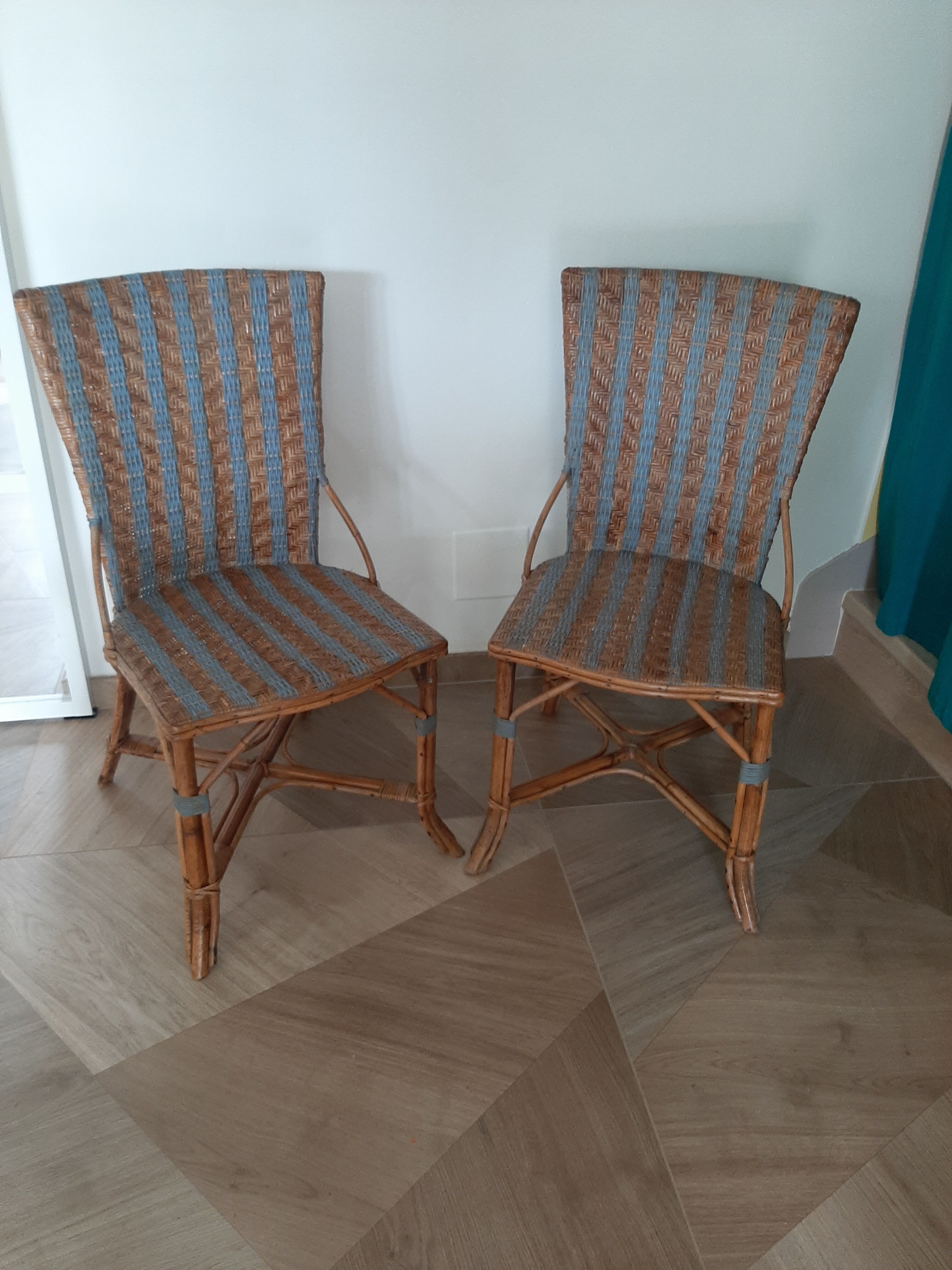 2 woven rattan garden chairs – sky blue net patterns – 1940s
