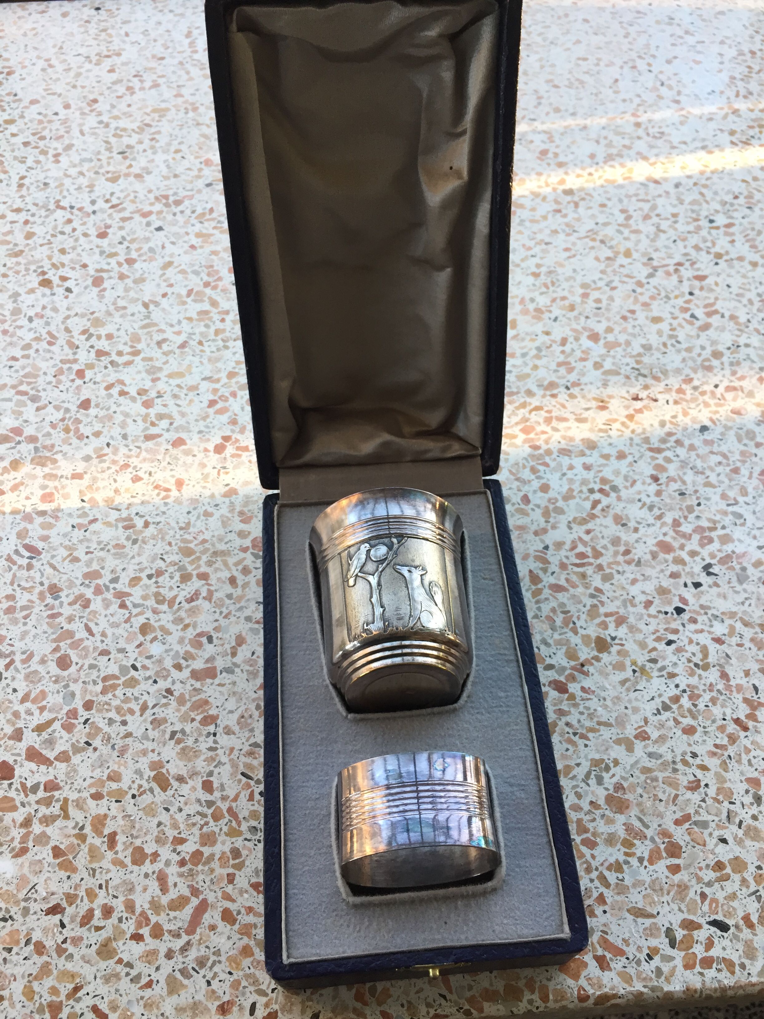Timpani box and silver metal towel round