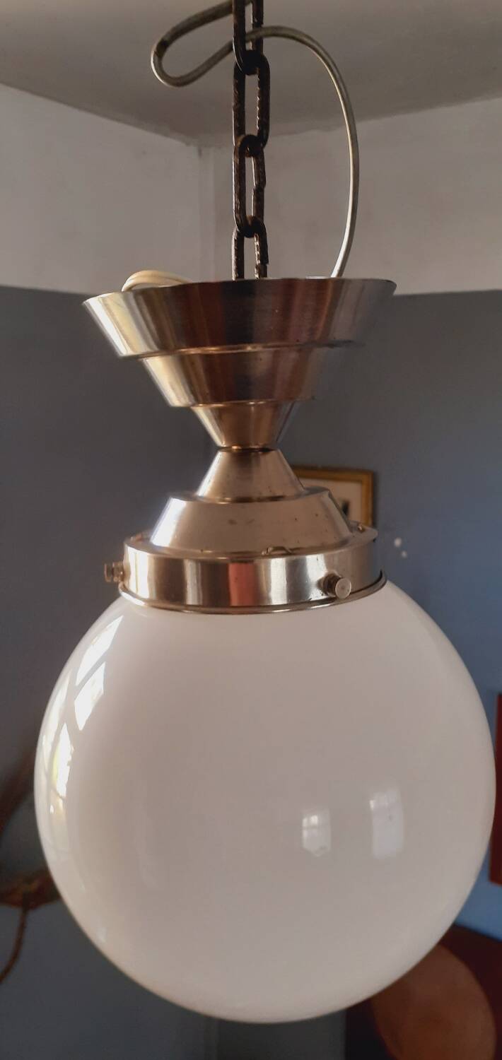 Art Deco ceiling light from the 40s in tinned metal and white opaline