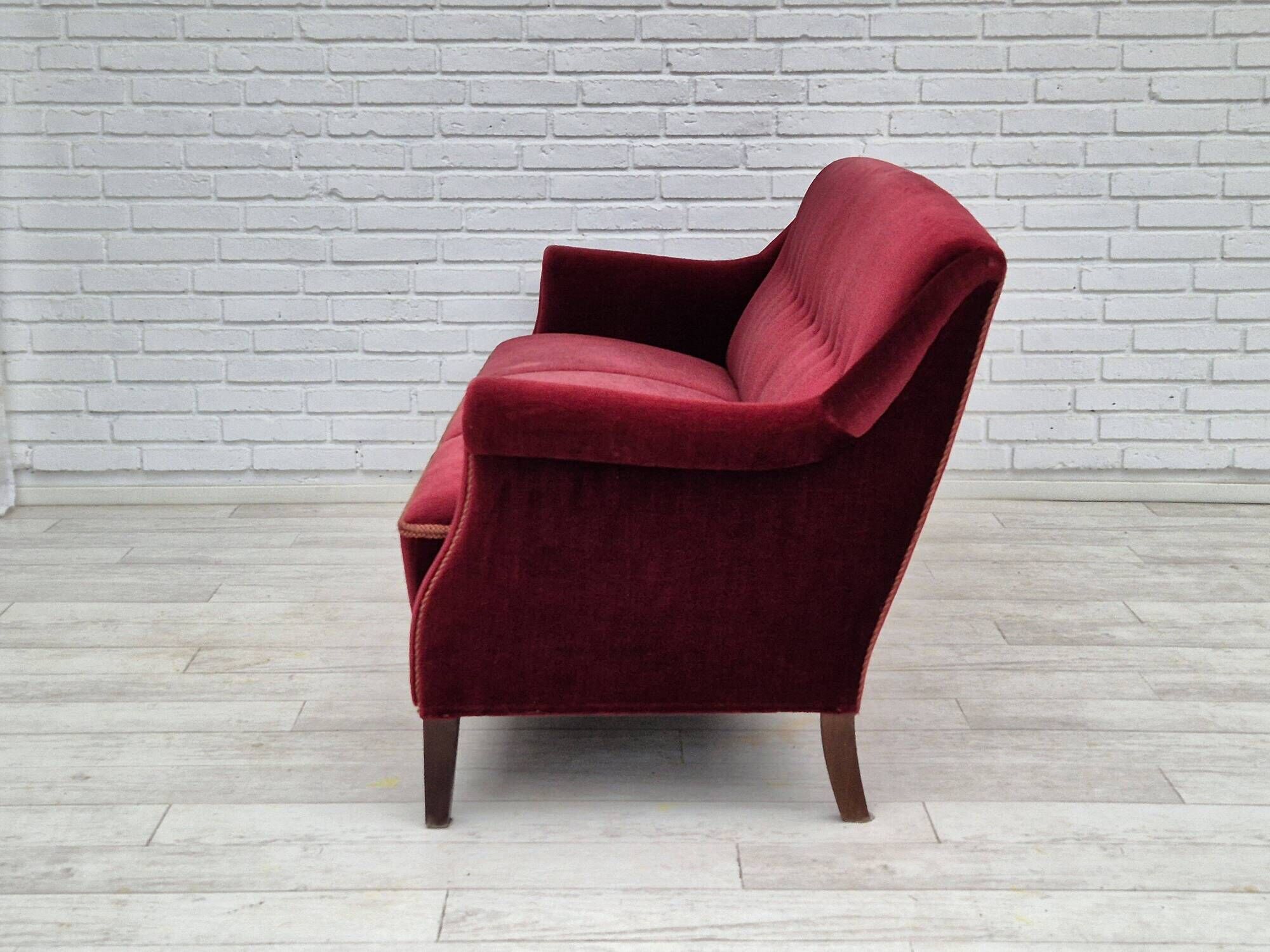 1960s, Danish 3 seater sofa, original good condition, furniture velour, beech wood .