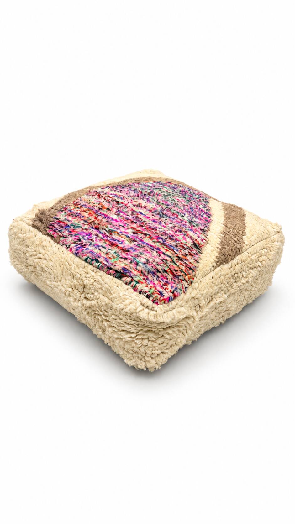 Vintage Moroccan pouf in multicoloured wool – 60 × 60 cm