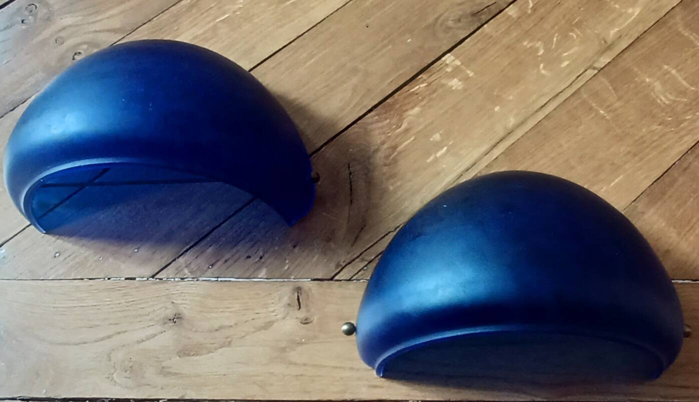 Sconces, signed, in satin blue glass paste from the 1930s