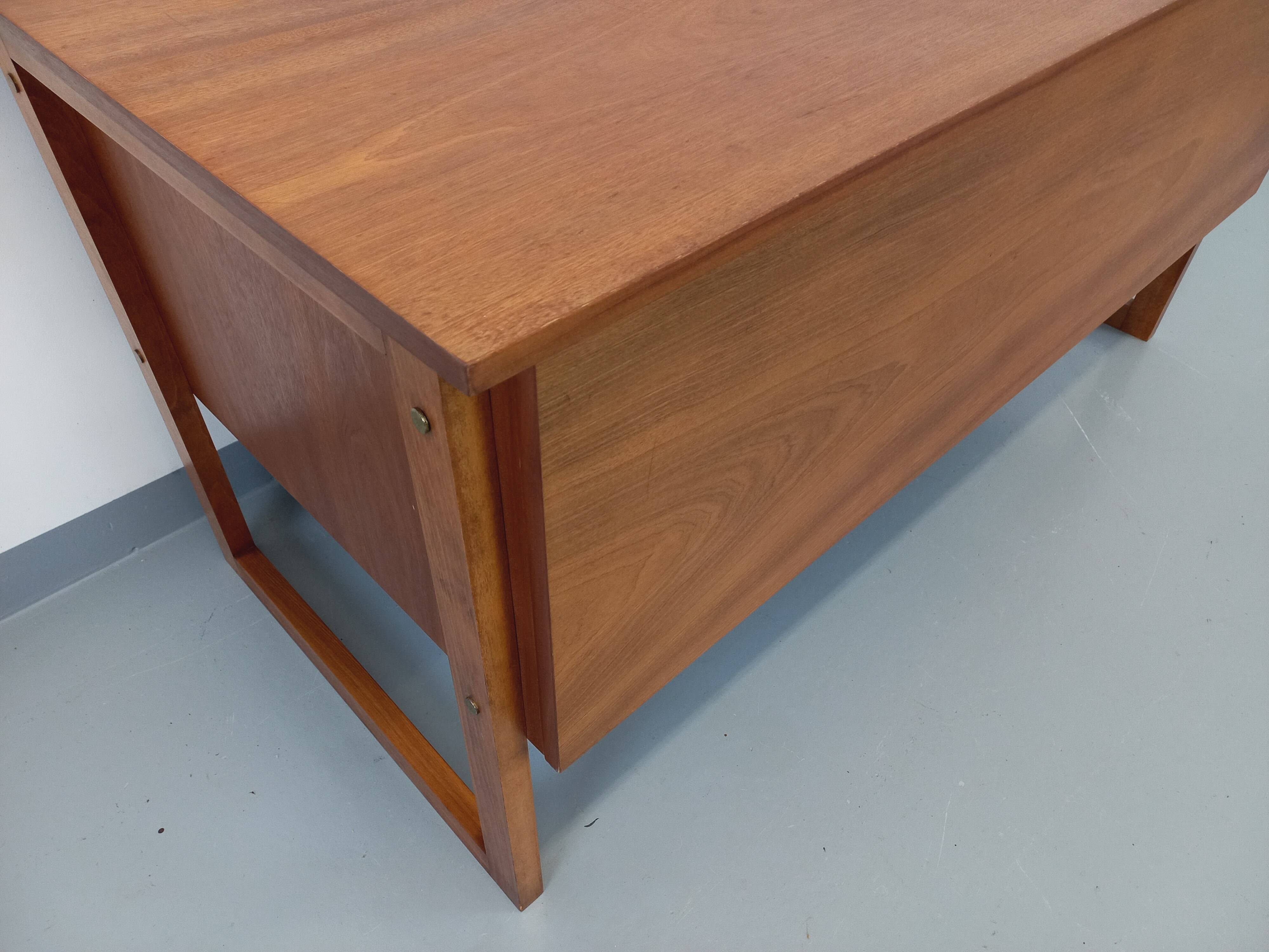 Double-sided executive desk sled legs vintage Scandinavian style in teak from the 60s