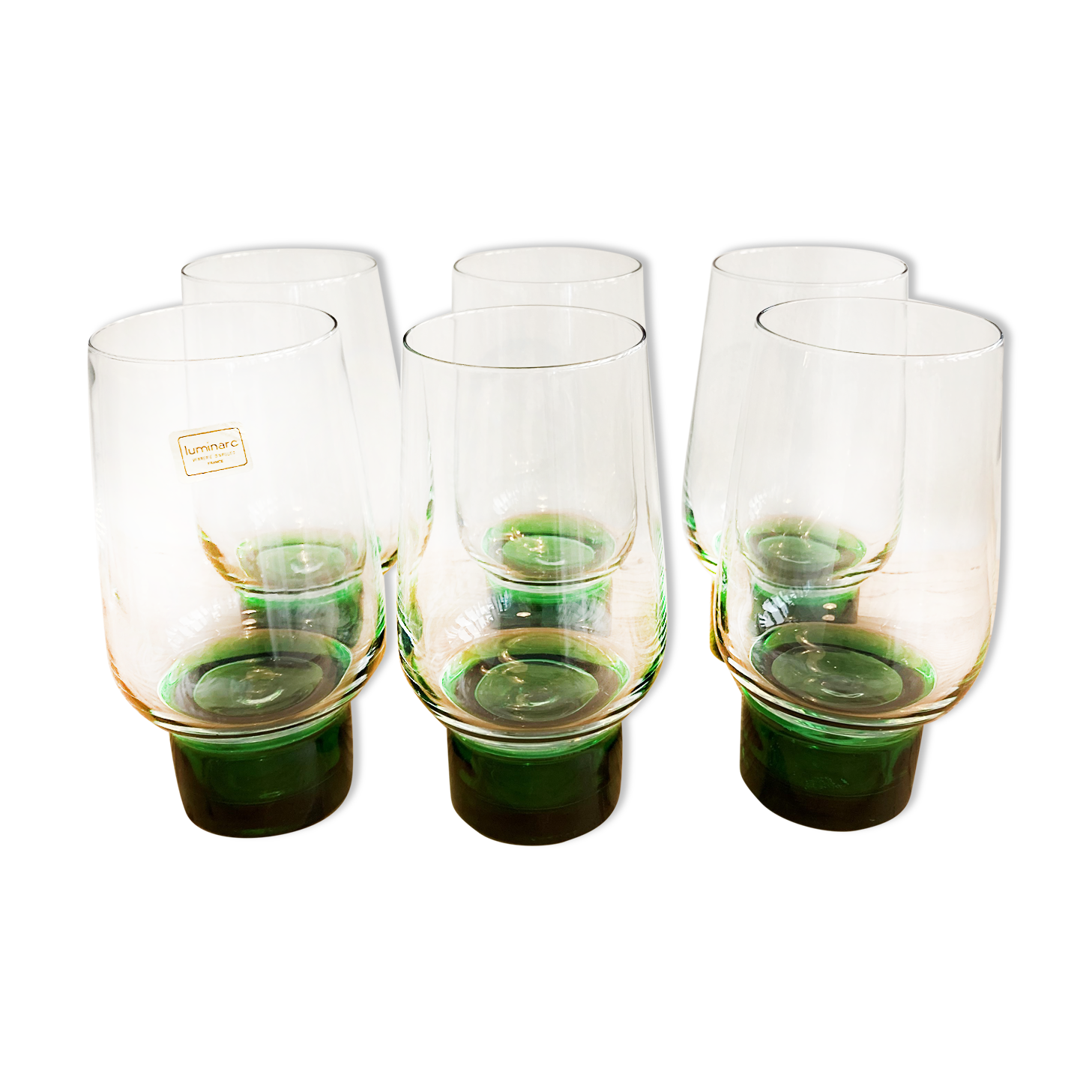 Set of 6 large Luminarc green foot glasses