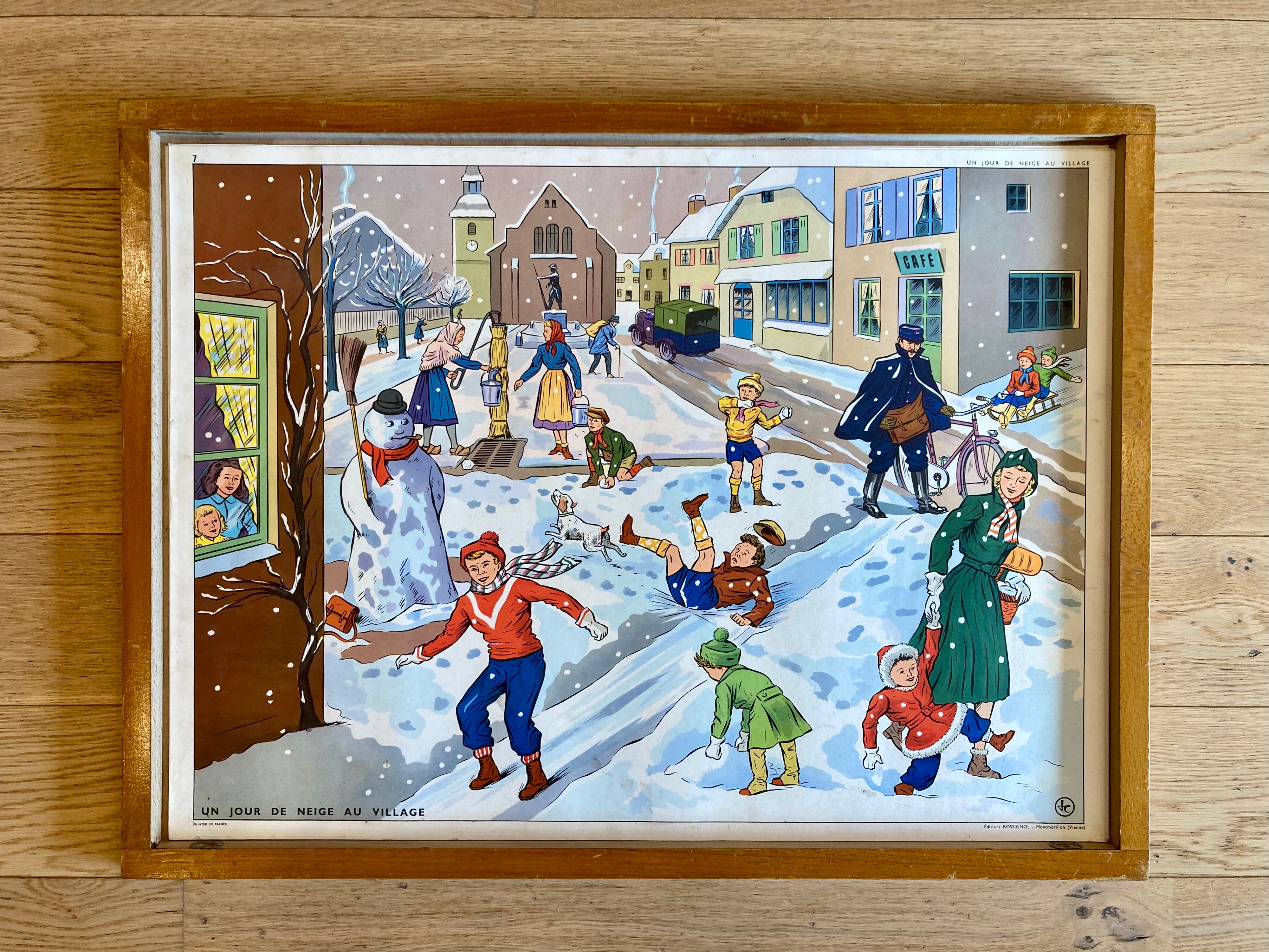 Educational poster elocution Rossignol vintage 60s - a snow day in the village and the Post Office