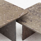 Set of 3 square, fossil marble coffee tables, 1970’s design