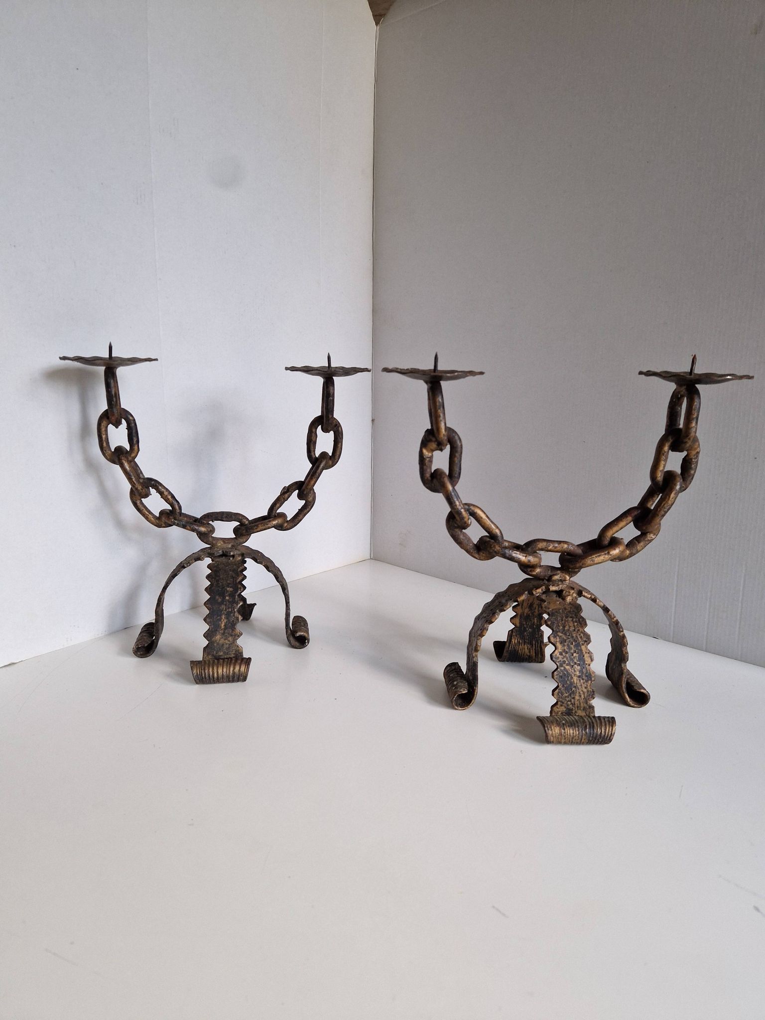 Paire de chandeliers, candélabres brutalistes, années 60-70